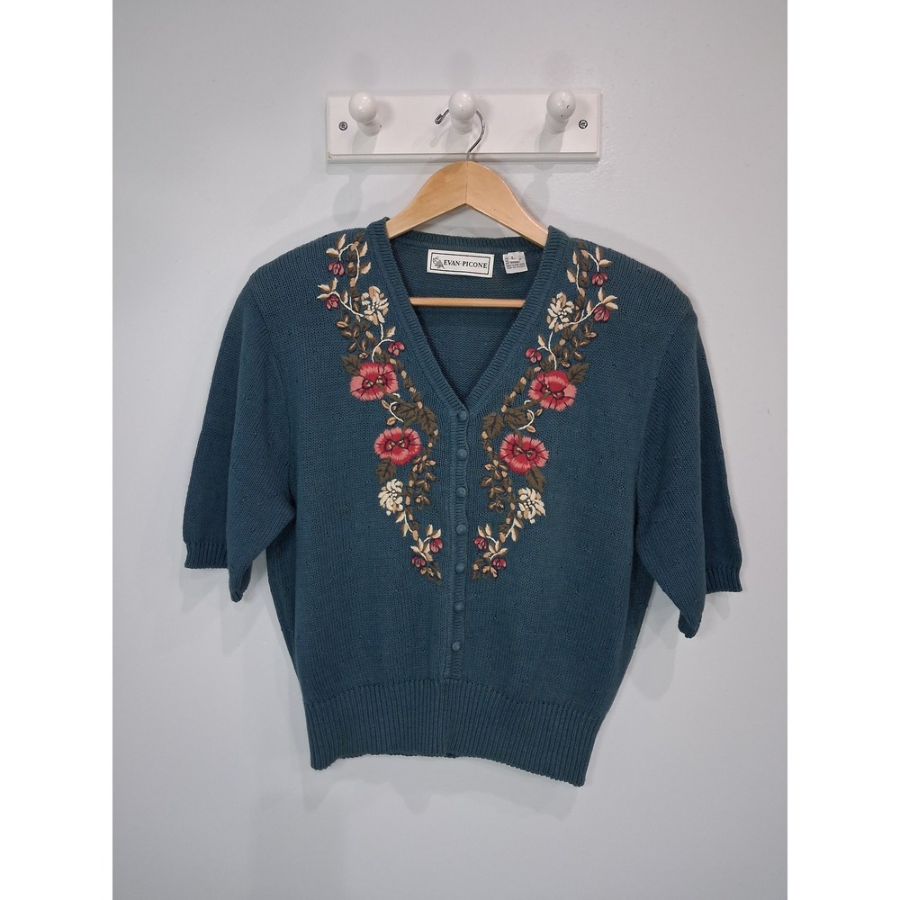 Evan-Picone Vintage Teal Floral Embroidered Short Sleeve Cardigan Sweater Large
